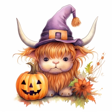Cute baby Highland Cow in a witch's cap, pumpkins with scary face, hand painting , style by Lucy Fleming, watercolor, smooth gradients, black contour outline, ultra detailed, clipart elements, delicate pastel colors, solid white background, super clear, high quality