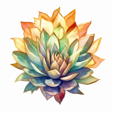 single watercolor succulant, birds eye view, close up, clean lines in gold, colourful, clipart, white background,