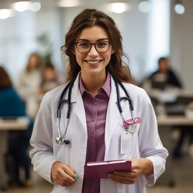 Female doctor, laminated ID badge clipped to lab coat, crisp white lab coat, wearing pink examination gloves, holding normal sized clipboard, stethoscope around neck, looking at camera, smiling, background: examination room