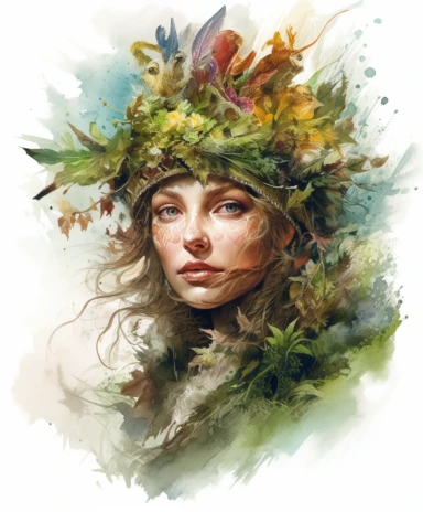 watercolor mixed media a portrait of a beautiful witch covered with moss and fern and branches with summer flowers, masterpiece by Hans Zatzka style and by Pierre-Joseph Redout style and by Vladimir Kush style and by Ivan Fedorovich Choultse style, PNG clipart, isolated on white, white background, extreme photorealistic details, 32k HD resolution, realistic high detailization high resolution