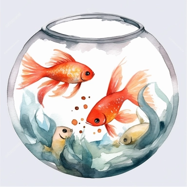 Watercolor fish bowl clipart, white isolated background, space out, hd