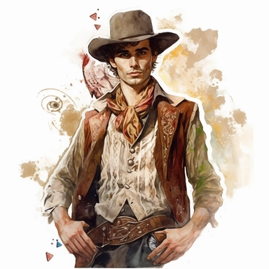 beautiful stunning handsome vintage cowboy young man, tarot style, paint art style, clipart, white background, superrealistic, one of a kind