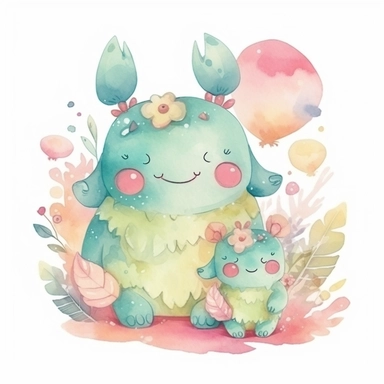 watercolor clipart of an adorable cute monster mom and baby wearing nice clothes, different lateral standing poses, perfect both ears and hands, different colors, a few flowers decor, cute cartoon animal