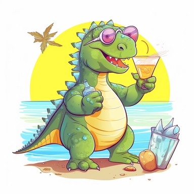 a foolish and cute dinosaur having fun at the beach holding glass of lemoned , clipart style, white bg