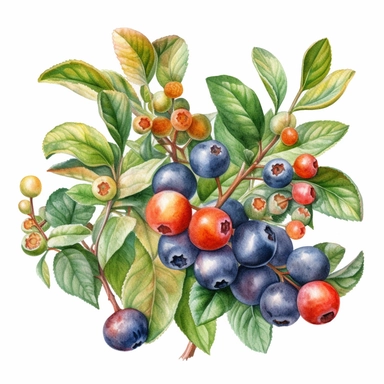 watercolor, hyper realistic, white background with margins, 8k, ultra detailed clipart, A magical bilberry bush, bearing fruit that grants temporary invisibility, bright reds and oranges to white