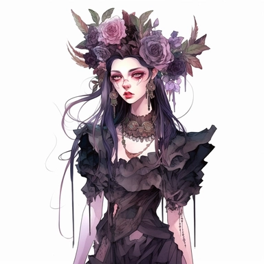cartoon girl wearing a flower headdress and a necklace, in the style of dark fantasy creatures, dark academia, intense deep pastel colours, i can't believe how beautiful this is, inventive character designs, elaborate costumes, magali villeneuve, Watercolor clipart, white Background