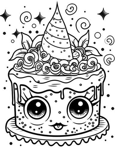 Imagine a kawaii cake slice with eyes and a joyful expression, decorated with frosting and sprinkles. Use your favorite colors to make it celebr For Simple Coloring page,Big eyes,line art, thick lines, black and white,clipart, illustration, on white background,Detailed,Details