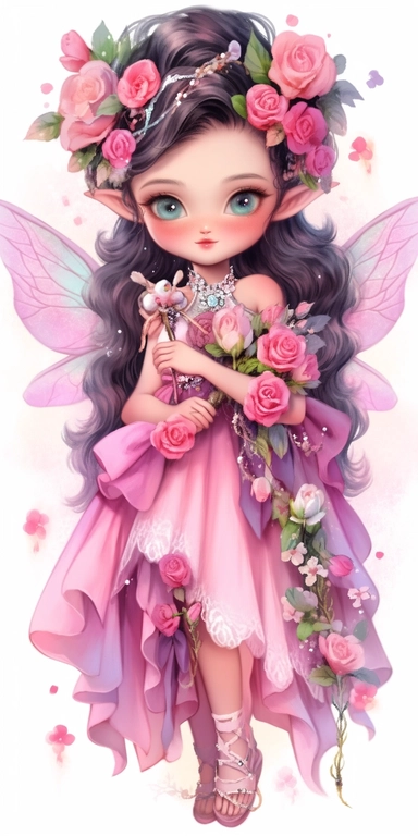 Watercolor beautiful wild roses fantasy forest fairy girl with beautiful face and big eyes with flowers, with angel wing, chibi kawaii animated style, vivid vibrant colors, intricate detail, hyper detailed, hyper quality, 32K, unreal engine, isolated on white background, kawaii, clipart