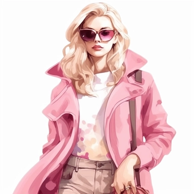 beautiful blonde girl in fashionable clothes in shades of pink and cream, clipart, isolated on white background, 4K