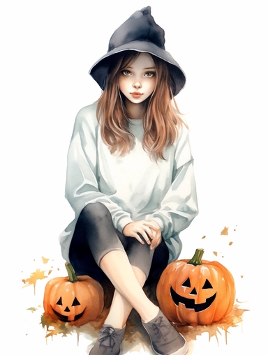 watercolor painting, cute girl wearing halloween witch hat, sangchae wearing white lace skirt, sweatshirt with cute pumpkin drawing, mischievous expression, clipart, 8k, HD, white background,