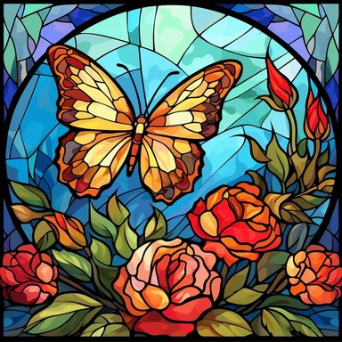 stained glass clipart of one butterfly and flowers, vincent van gogh style