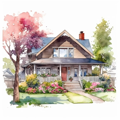 watercolor, craftsman house with front porch and a front-yard full of blooming flowers, lush grass lawn, beautiful illustration, good composition, clipart, contour, isolated white background, unreal engine