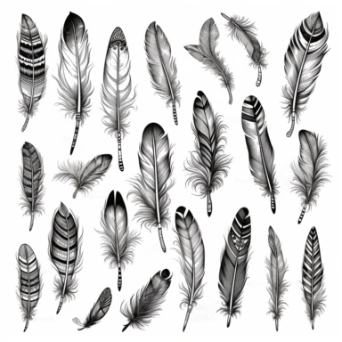 feathers clipart, scribble, tattoo style, hyper detailed, white background, vektor, black and white, indian decor