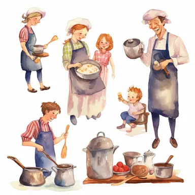 multiple poses characters of a family including dad, mom and kid. thay are enjoy cooking inthe kitchen , watercolor in medieval cartoon grunge style clipart on white background
