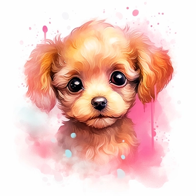 a semi realistic toy poodle puppy with ultra detailed big eyes in watercolor, in the style of pastels, nightcore, yup'ik art, high resolution, realistic oil paintings, cartoonish innocence, uhd image - an illustration of a watercolor drawing on the ground, in the style of light pink and amber, shiny eyes, miniaturecore, sketchfab, charming character illustrations, oil paintings, lightbox - painting with puppy eyes, watercolor illustration, cute cartoonish designs, magali villeneuve, uhd image, s