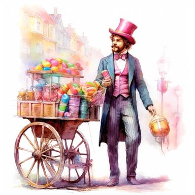 Fairytale style over realistic victorian styled dressed candy seller man in the candyland with watercolor effect,candyland scene,candies,fantasy style,realistic features,vibrant colors,suitable for digital clipart,white background