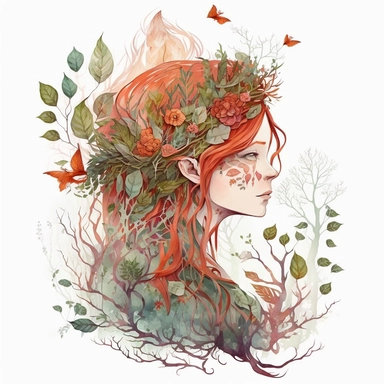 short red hair with bangs forest druid intricate floral watercolor clipart