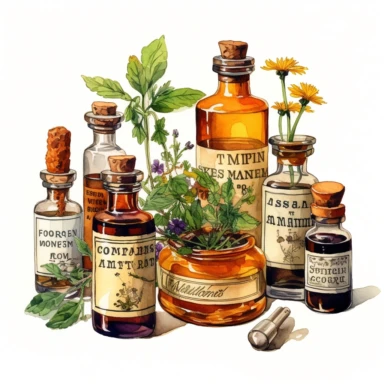 watercolor, hyper realistic, white background, white margins, 16k, ultra detailed clipart, cut out image, hand-drawn Use a warm and rich color scheme inspired by vintage medicine bottles, with shades of deep amber, antique brown, and subtle hints of gold.a small glass bottle with a dropper, labeled as a herbal tincture, with delicate illustrations of plants and flowers.