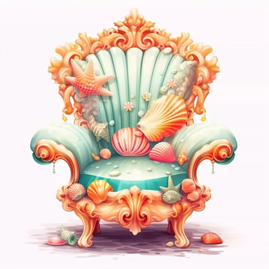 Pastel Cute Beautiful Fairy Chair Coral seashell Sublimation Clipart,Cartoon, hyper realistic, intricate detail, illustration style,high solution,on the white background