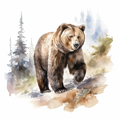 a detailed watercolor painting of a Grizzly Bear in the wild, clipart, white background