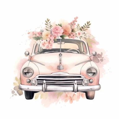 art vintage vector clipart for junk journal,Vintage wedding car,nostalgic love theme, high quality, soft and muted pastel colours, isolated white background,8k, f1