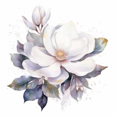 clipart magnolia, watercolor, white background, silver sequins