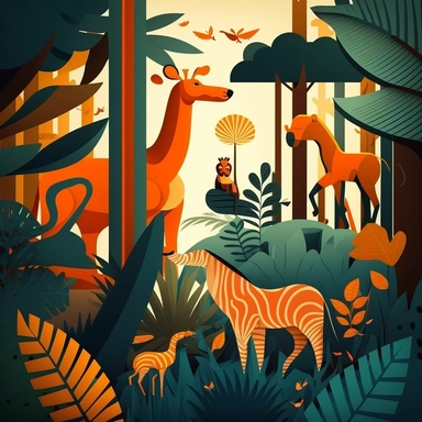 Create a vector graphic illustration of clipart animals interacting in a vibrant jungle scene. The style should echo modern flat design principles, simple yet visually engaging. The setting is well-lit, like a clear, sun-filled day, highlighting the bold primary and secondary colors of the animals and foliage. The composition is a medium shot, focusing on the playful interactions between different animals. white background