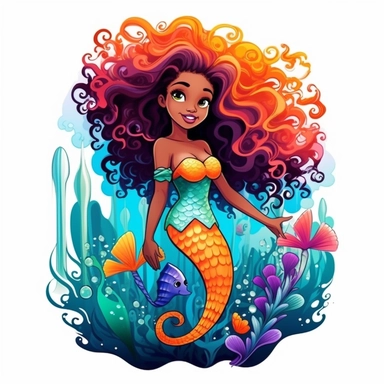 a clipart art T-shirt design black African American magical Afro hair color colorful mermaid long mermaid color pop tail of the the sea cartoon Disney Pixar
