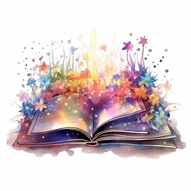 an open book lying on a bed of flowers, out of the open books erupts a stream of stars and glitter and colors, illustration, watercolor, clipart