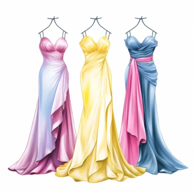2d illustration of 3 prom dresses, fashion illustration, clipart, illustration, halter neck dress with drapes details, pink, blue, white, yellow on mannequin, white background, 360dpi,
