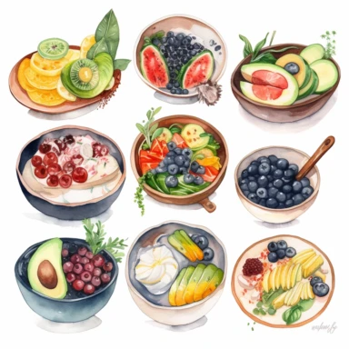 watercolor clipart of a collection of various nutritious healthy bowls in a flatlay style, presented on a clean white background without drop shadows. Each bowl should be depicted with intricate details, showcasing a variety of unique dishware styles such as ceramic, porcelain, or rustic earthenware. Fill each bowl with an assortment of visually appealing and detailed ingredients, highlighting their colors, textures, and freshness. Ensure that the elements within each bowl are carefully separate