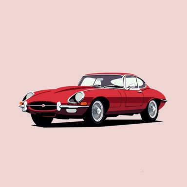Using a minimalist clipart style, create a pristine image of a classic 1975 Regency Red Jaguar E-Type Series III, presented against a pure white background with a 1:1 aspect ratio. Balance the geometric representation of the vehicle's iconic lines and contours with the bold, flat color of its Regency Red finish. The image should be clean, sleek, and striking, capturing the timeless elegance and charm of this classic car.