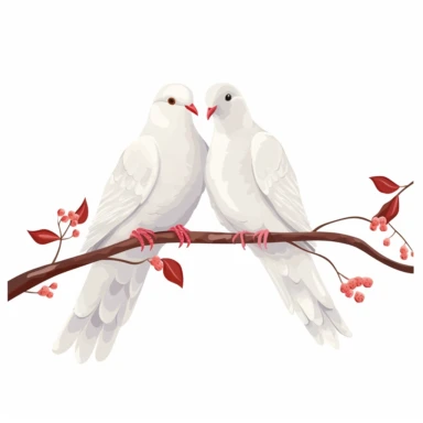 two love doves birds sitting on a branch, clipart, white background