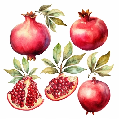Trendy watercolor clipart featuring five luscious pomegranates with leaves per picture, showcasing the rich and vibrant hues of this exotic fruit. The watercolor medium brings out the juicy and textured appearance of the pomegranates, with intricate brushstrokes capturing the intricate details of their seeds and peel. The leaves add a touch of freshness and natural beauty to the composition, creating a visually appealing contrast. The trendy design incorporates a modern color palette, blending b