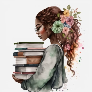 Watercolor effect, black woman with long braids holding stack of books in hand, looking to the other side, side view, hair covering her face, wearing jeans and a blouse, covered with flowers, pink, brown, and green fabric texture with watercolor effects, flowers, butterflies, clipart png 4k, 8k, Cozy pink, brown, and green