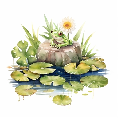 Watercolor Lily Pond Clipart - springtime cute lily pad and frog pond , white background, no text