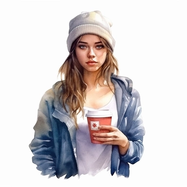 watercolor style, a beautiful girl in casual clothes holding a paper cup of coffee, realistic colors, realistic image. Clipart, isolated on white background, 4K