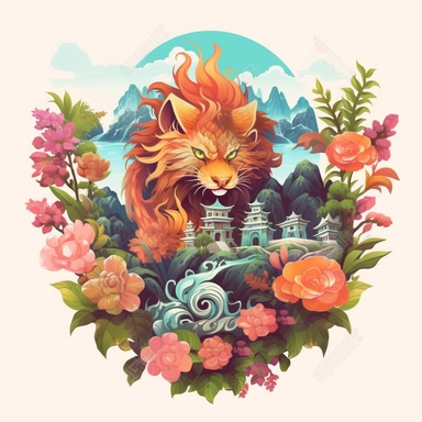 random animal, close up, a sticker, artwork of t shirt graphic of majestic forest, in digital painting style , beautiful flowers, sunset mountains and clouds , big vines, stone temple covered in vines, white background, colorful fantasy flower surround, highly detailed clean, vector image, photorealistic masterpiece, professional photography, realistic, flat white background, isometric, vibrant vector, clipart, illustration, realism, 4k, , cinematic, front view, white background, paradise, extre
