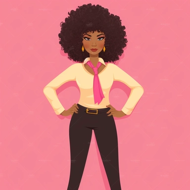 Create a vibrant clipart image featuring a confident Afro-American girl boss surrounded by a pink background. The girl boss exudes empowerment and determination, with a stylish and professional appearance. She stands tall with an assertive posture, exuding a sense of self-assurance and strength. Design her with a chic hairstyle that highlights her natural curls, symbolizing her pride in her heritage. Her outfit portrays sophistication and professionalism, reflecting her role as a successful entr