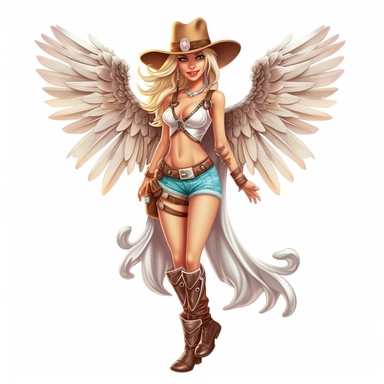 a beautiful fairy, cowgirl with boots and cowboy hat, cartoon, big wings, clipart, white background