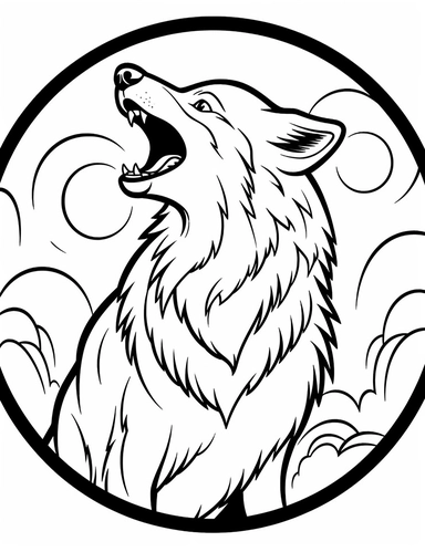 clipart cartoon friendly warewolf howling, moon in the style of Pierre-Auguste Renior black and white child's coloring book, black and white smooth thick lines, solid white background, no background