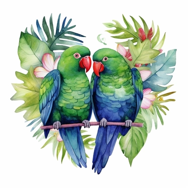 watercolor clipart, two green Eclectus Parrot Parrots in love with tropical gardens, sweet hearts around, watercolor sublimation design, Sublimation Clipart, hyper realistic, intricate detail, illustration style, isolated on white background for removing background, Super-Resolution, Megapixel