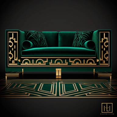 isolated, forward, deep emerald modern sofa with an art deco rug with gold edging Clipart laying on the floor, on black background
