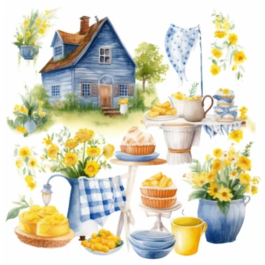 swedish theme clipart, midsummer holiday, flowers, flags and food, in the style of dreamy watercolor scenes, detailed character illustrations, mundane materials, storybook illustration style, swedish colors, white backround