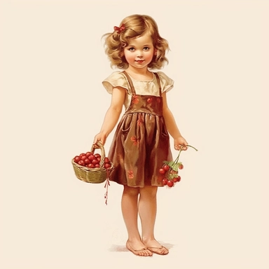 vintage clipart whimsical adorable little girl with cherries, full body, clipart style, accurate details, oil painting technique, super high quality, professional watercolor clipart, high resolution