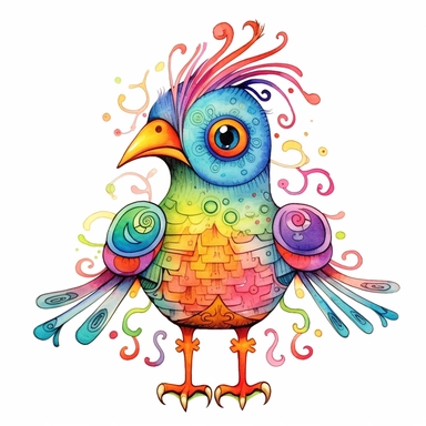 Whimsical bird with normal legs pink - orange, yellow - green, blue,red, orange ultra - detailed, cartoon style, white background, black outside lines, designs, white background, watercolor pencil drawing, small details, digital art, clipart, super acurate, –testp,