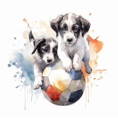 Watercolor puppies playing, with ball that resembles a world globe Clipart - cute dogs , Colour of blacka and silver, white background, vector art, high definition, clip art, ar 2:2