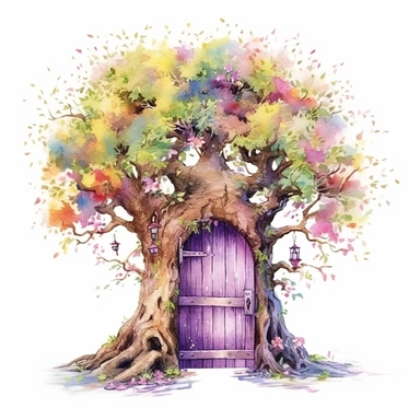 watercolor magical tree door clipart, isolated on white background