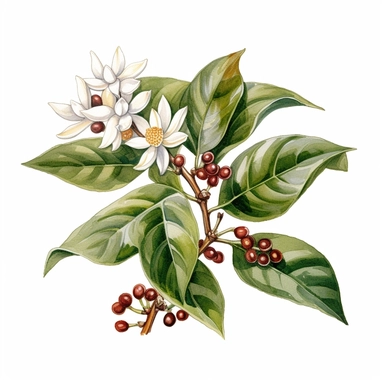 A detailed drawing of a coffee plant, complete with blossoms and ripe beans clipart, white background, watercolor drawing