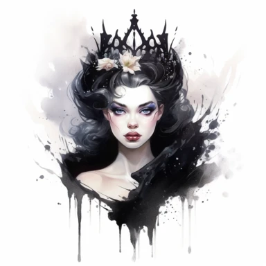 watercolor Evil Queen, beautiful but wicked queen with a black cloak, a crown, and a magic mirror, beautiful face, clipart, white background, by Natalie Shau, by Kawacy